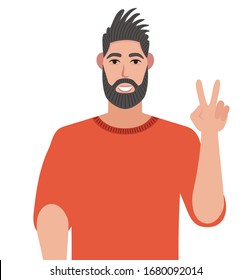 Bearded man shows victory gesture. A sign of success and peace. Vector illustration in cartoon style.
