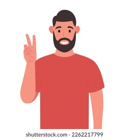 Bearded man shows victory gesture. A sign of success and peace. Vector illustration.