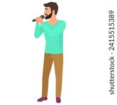 Bearded man singing karaoke. Young boy holding microphone cartoon vector illustration