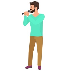 Bearded Man Singing Karaoke. Young Boy Holding Microphone Cartoon Vector Illustration