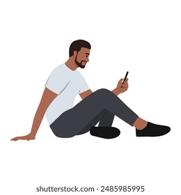 Bearded man sit on floor using modern smartphone. Flat vector illustration isolated on white background