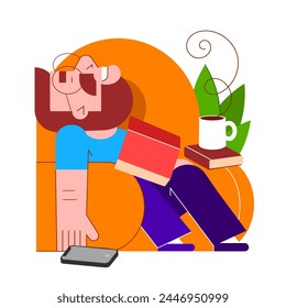 Bearded man sits in an armchair and sleeps. A person is resting or thinking about something good. Vector illustration in cartoon style.