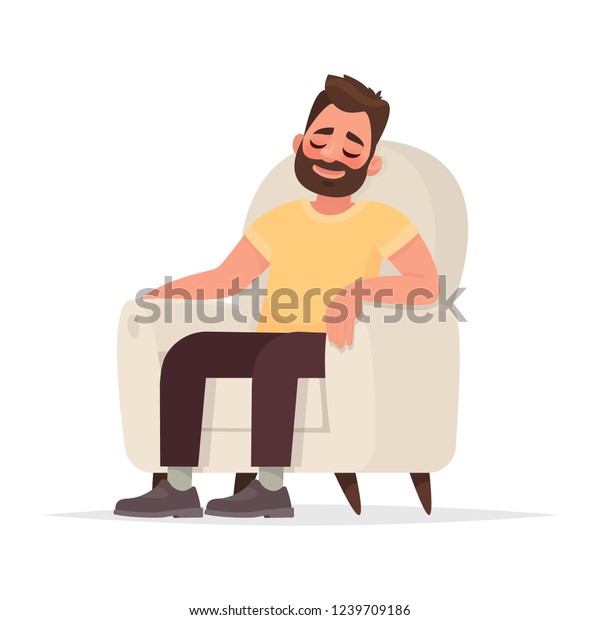 髭を生やした男は肘掛け椅子に座って眠る 人は休んでいるか 何か良いことを考えている カートーンのスタイルのベクターイラスト のベクター画像素材 ロイヤリティフリー