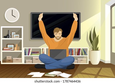 Bearded man sits on the floor and works at a laptop. Remote work via the Internet. Freelancer. Young guy freelancer sits on the floor with a laptop and work remotely from home. Flat vector cartoon.