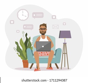 Ein bärtiger Mann sitzt auf einem Sofa in Familienshorts und Hausschuhen und arbeitet an einem Computer, einem Laptop. Fernarbeit im Heimbüro. IT-Spezialist für Freiberufler, Student. Farbige Vektorillustration-Illustration in Wohnung.