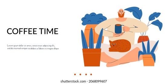A bearded man sits in a Turkish pose with a cat on his legs and drinks hot coffee. Landing page, template, banner for business. Vector illustration in a flat style.