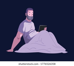 Bearded Man Sitting in the Bed with Tablet PC at Night, Person Using Digital Gadget for Playing Online Video Game or Chatting on Social Networks Vector Illustration