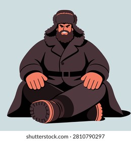 Bearded Man Sitting Cross Legged in Heavy Winter Coat and Ushanka Hat — Ideal for Winter Character and Russian Folk Themed Illustrations