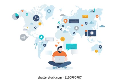 Bearded man sitting cross-legged and working on laptop against world map with various symbols on background. Concept of worldwide web, global internet or online searching. Flat vector illustration.