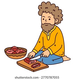 bearded man sitting cutting fresh mutton meat