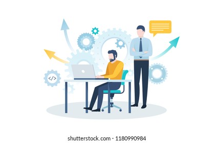 Bärenmann sitzt am Schreibtisch und arbeitet am Computer, Chef oder Manager, der auf Zahnräder auf dem Hintergrund steht. Konzept der technischen Unterstützung von Geschäftsprojekten. Flache Vektorgrafik.