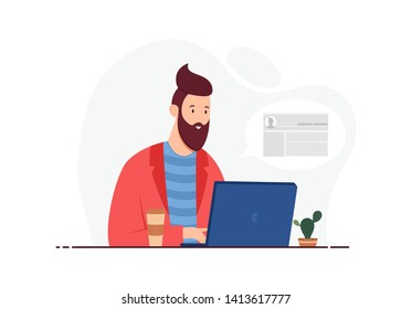 Bearded man sitting in front of a laptop. The man works at the computer. Vector illustration in flat style.