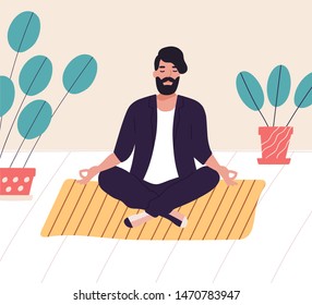 Bearded man sitting with his legs crossed on floor and meditating. Young man in yoga posture doing meditation, mindfulness practice, spiritual discipline at home. Flat cartoon vector illustration.
