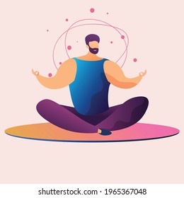 A bearded man is sitting in the lotus position doing meditation at home. Vector illustration in flat style.