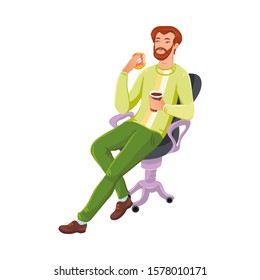Bearded man sitting on the armchair with coffe or tea mug and donut . Vector colorful illustration in cartoon style