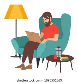 Bearded man sitting on the armchair near coffee table in room and correspondence surfing the Internet. Male character communicating through network on the laptop. Freelance, work from home concept