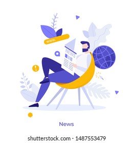 Bearded man sitting on chair and reading daily newspaper. Concept of printed mass media, international news, online or internet periodical publication. Modern flat colorful vector illustration.