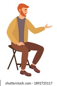 Bearded man sitting on the chair and pointing on something by hand. A man in casual clothes at home. Character sitting on the stool talking to someone making hand gestures isolated on white background