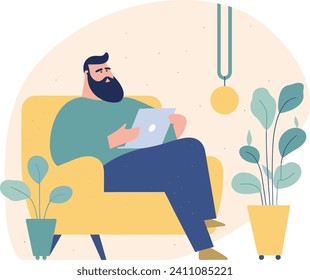 Bearded man sitting on yellow armchair with tablet. Casual male in home interior using digital device. Freelancer works from home vector illustration.