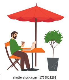 Bearded man sitting at a table in cafe and correspondence surfing the Internet. Male character communicating through network on the laptop. Social media network communication digital gadget addiction