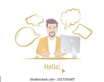 Bearded Man sitting at table with computer