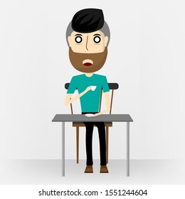 The bearded man sitting at table and drink a lot of coffee while waiting for queue. It make his unable to close the eyes isolated on background. Vector illustration in cartoon character flat style. 