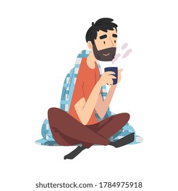 Bearded Man Sitting Under Cozy Plaid Enjoying Hot Drink Mug, Guy Drinking Beverage Wrapped in Blanket Vector Illustration