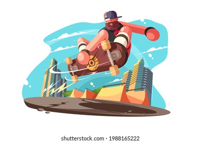 Bearded man skateboarder on skate vector illustration. Guy in casual clothes skateboarding and showing exciting tricks flat style. Extreme activity, hobby, fun concept. Isolated on white background