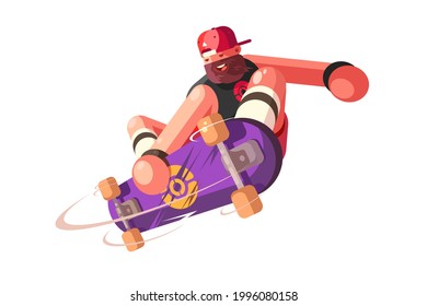 Bearded man skateboarder on skate vector illustration. Guy skateboarding and showing exciting tricks flat style. Extreme activity, hobby, fun concept.