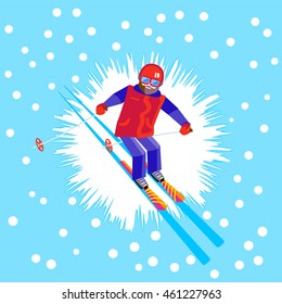 Bearded man skier in helmet and goggles having fun in the winter. Flat vector Cheerful man skiing, jumping, flying