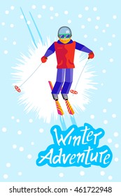 Bearded man skier in helmet and goggles having fun in the winter. Flat vector Cheerful man skiing, jumping, flying. Inscription Winter Adventure