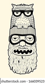 bearded man in ski-glasses with owl on his head