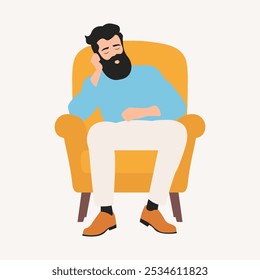 Bearded man sleeping in a cozy armchair	