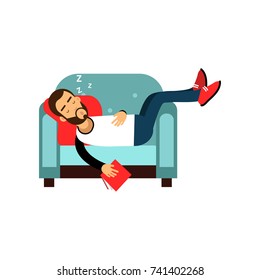 Bearded man sleeping on armchair with book, relaxing person cartoon vector illustration