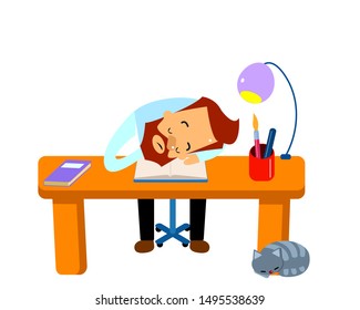 Bearded Man Sleeping on a Table. Working, Reading, Thinking. Looking at a Book. Vectoral Illustration.