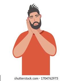Bearded man sleeping tired dreaming and posing with hands together while smiling with closed eyes. Vector illustration in cartoon style.