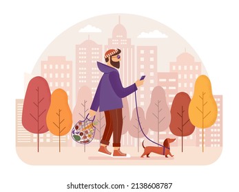 Bearded Man With Smart Phone Walking With Dog On Leash In City Park. Eco Friendly Guy Holding Shopping Bag With Fresh Vegetables After Grocery Shopping, Hipster Male Texting Message On Phone.