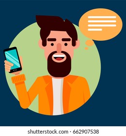 Bearded man with smartphone. Hipster guy communicating with his friends via modern phone. Vector illustration on dark blue background. Front view