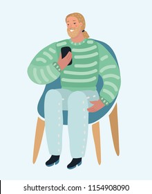 Bearded man. Smiling hipster making selfie on cell phone, sitting on chair. Guy with smartphone. Vector cartoon illustration in modern concept