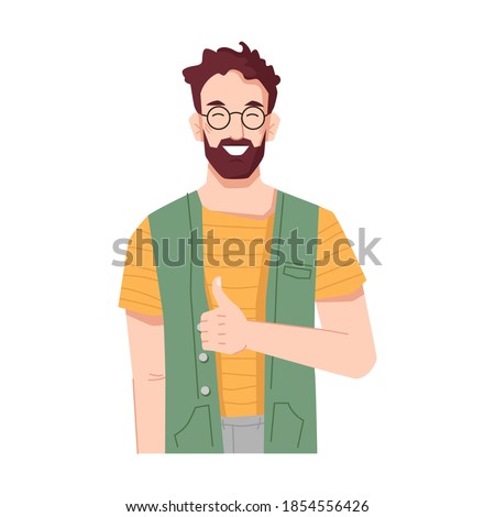 Bearded man smiling and showing thumbs up sign. Guy with gesture meaning approval, okay and like. Positive personage wearing glasses. Worker or boss of company. Cartoon character, vector in flat style