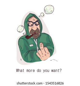 A bearded man smokes a pipe. Stylized character. Shows a hand sign.
Rude and ill-mannered person. Vector illustration. Sketch. Sticker.