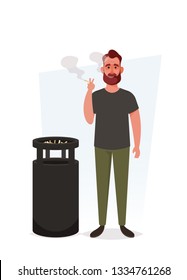 Bearded Man Smoking Cigarette. Cartoon Style. Vector Illustration