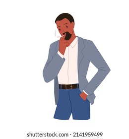 Bearded man smoking cigarettes and thinking. Smokers drugs addiction, bad unhealthy lifestyle habit, tobacco dependence, cigar burning smoke, recreational drug cartoon vector illustration