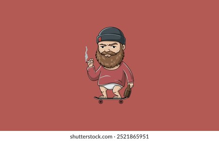 Bearded man smoking, skateboarding, and holding a bottle.