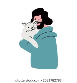 Bearded Man snuggling her pet cat with love and joy isolated vector illustration