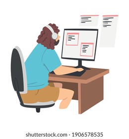 Bearded Man as Software Developer or Programmer Engaged in Coding in Server-side Framework on Computer Vector Illustration