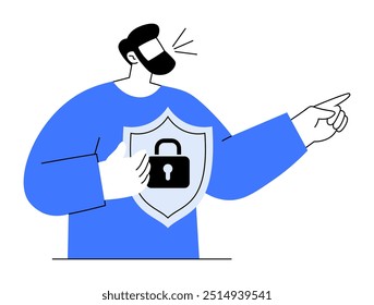 Hombre barbudo hablando y señalando, sosteniendo el escudo con el símbolo de la cerradura. Ideal para la seguridad de los datos, la protección en línea, la privacidad, la educación en ciberseguridad y la conciencia de seguridad. Estilo de Vector simple.