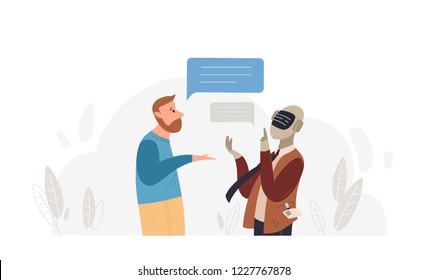 Bearded man speaking to robot isolated on white background. Conversation between guy and android. Concept of chatbot, talkbot, smartbot or interactive bot. Flat cartoon colorful vector illustration.