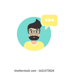 bearded man with speech bubble in blue circle. Talk, chat message, communicate, messenger concept . flat vector illustration  on white background. Hints and tints. Questions and answers.