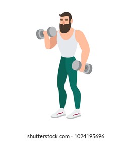 Bearded man in sports clothing doing physical exercise with pair of dumbbells. Male cartoon character performing weight or strength training workout isolated on white background. Vector illustration.